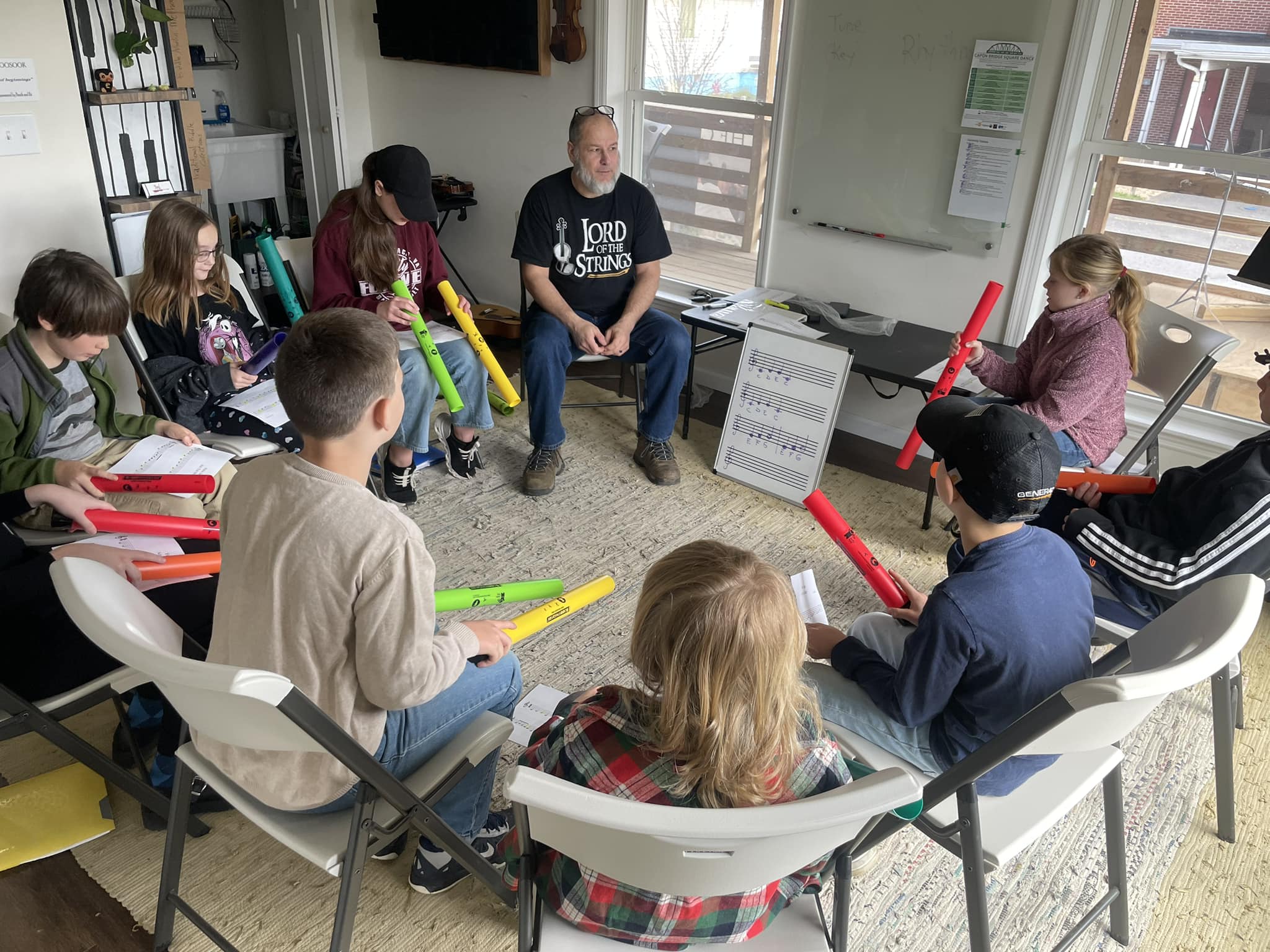 Students receiving music instruction at the Cacapon Music and Dance Foundation in Capon Bridge, West Virginia